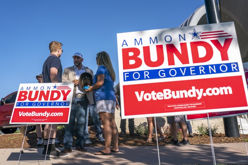Ammon Bundy says he's tired of "political garbage," "corruption" in declaring run for Idaho governor 2 Ammon Bundy campaign signs