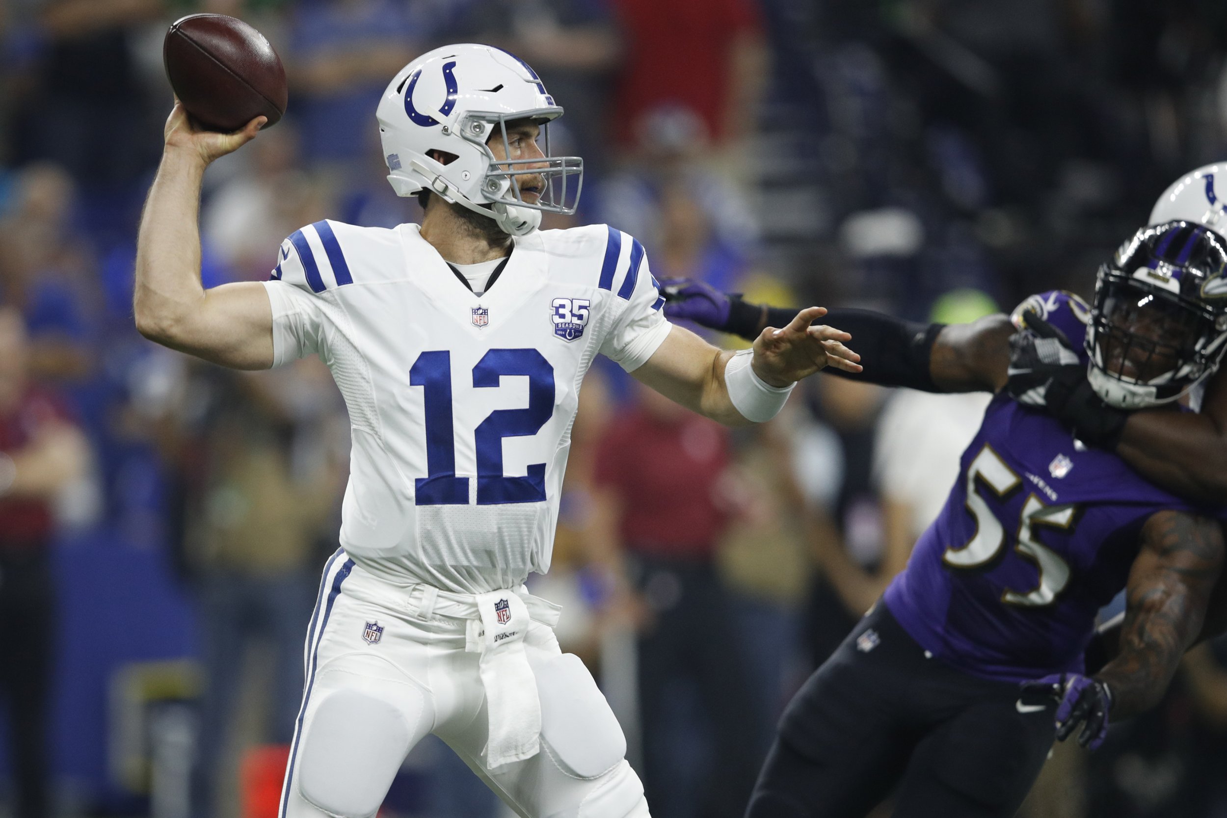 Indianapolis Colts quarterback Andrew Luck (12) is interviewed following  the game against the Washington Redskins at FedEx Field in Landover,  Maryland on Sunday, September 16, 2018. The Colts won the game 21 