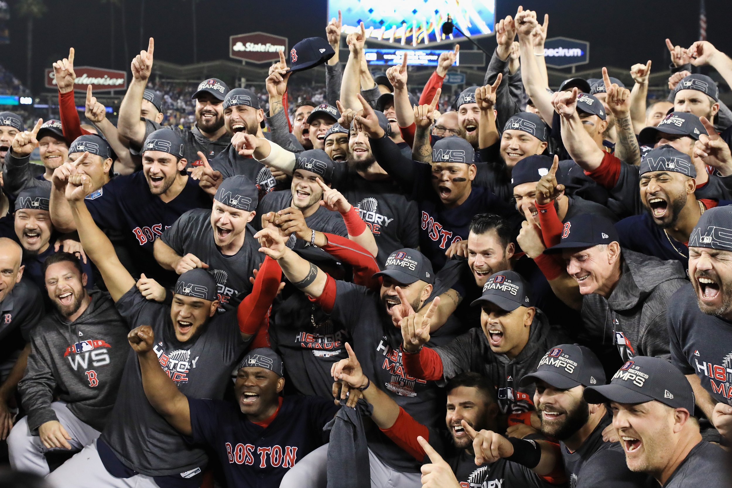 Fans cheer during the 2018 Boston Red Sox World Series victory