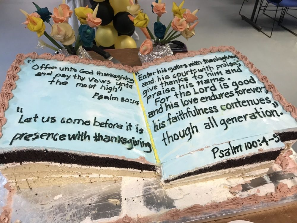 Bible Cake On Desk With Scripture And Cross - The Makery Cake Co