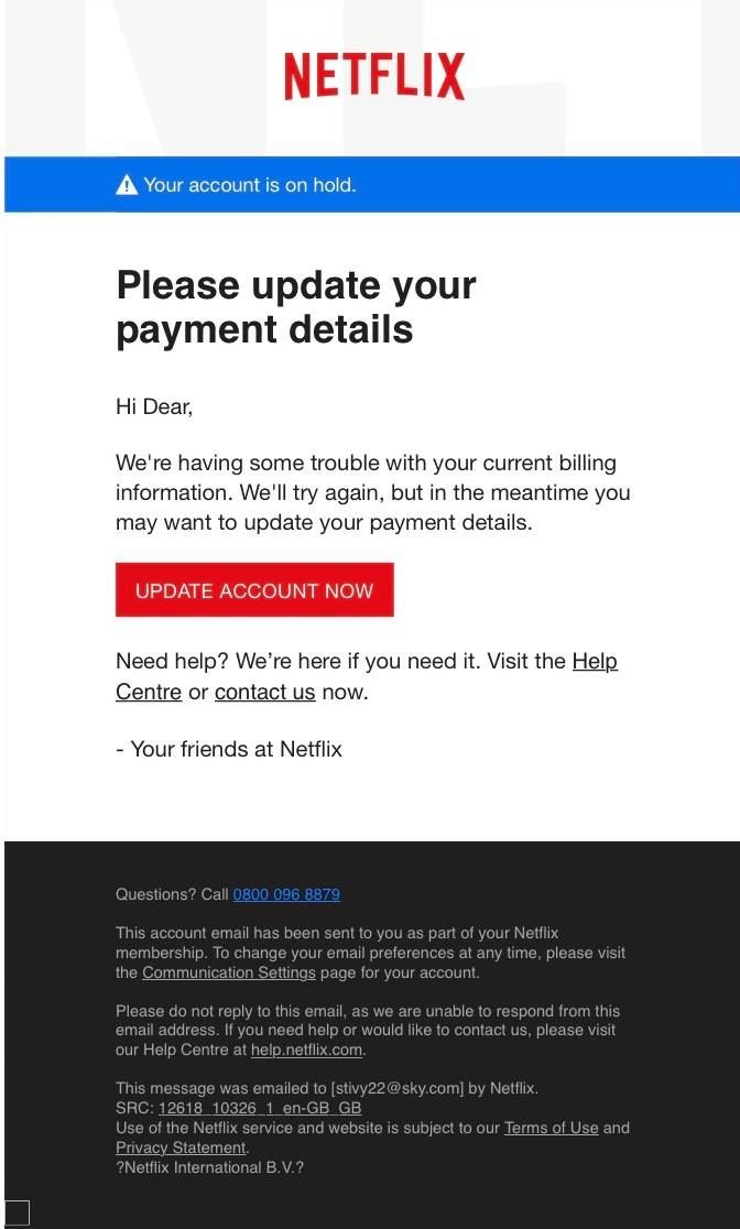 Netflix Scam Email Phishing Message Seeking Updated Payment Info Reported