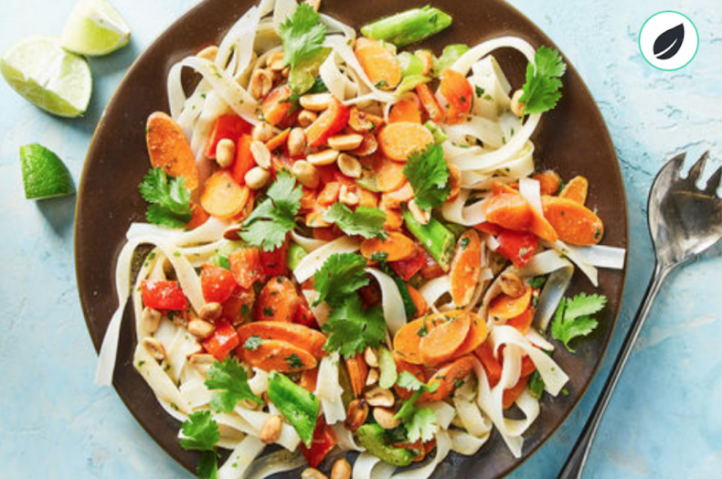 Martha & Marley Spoon veggie rice noodle stir fry with coconut-lime sauce and peanuts.