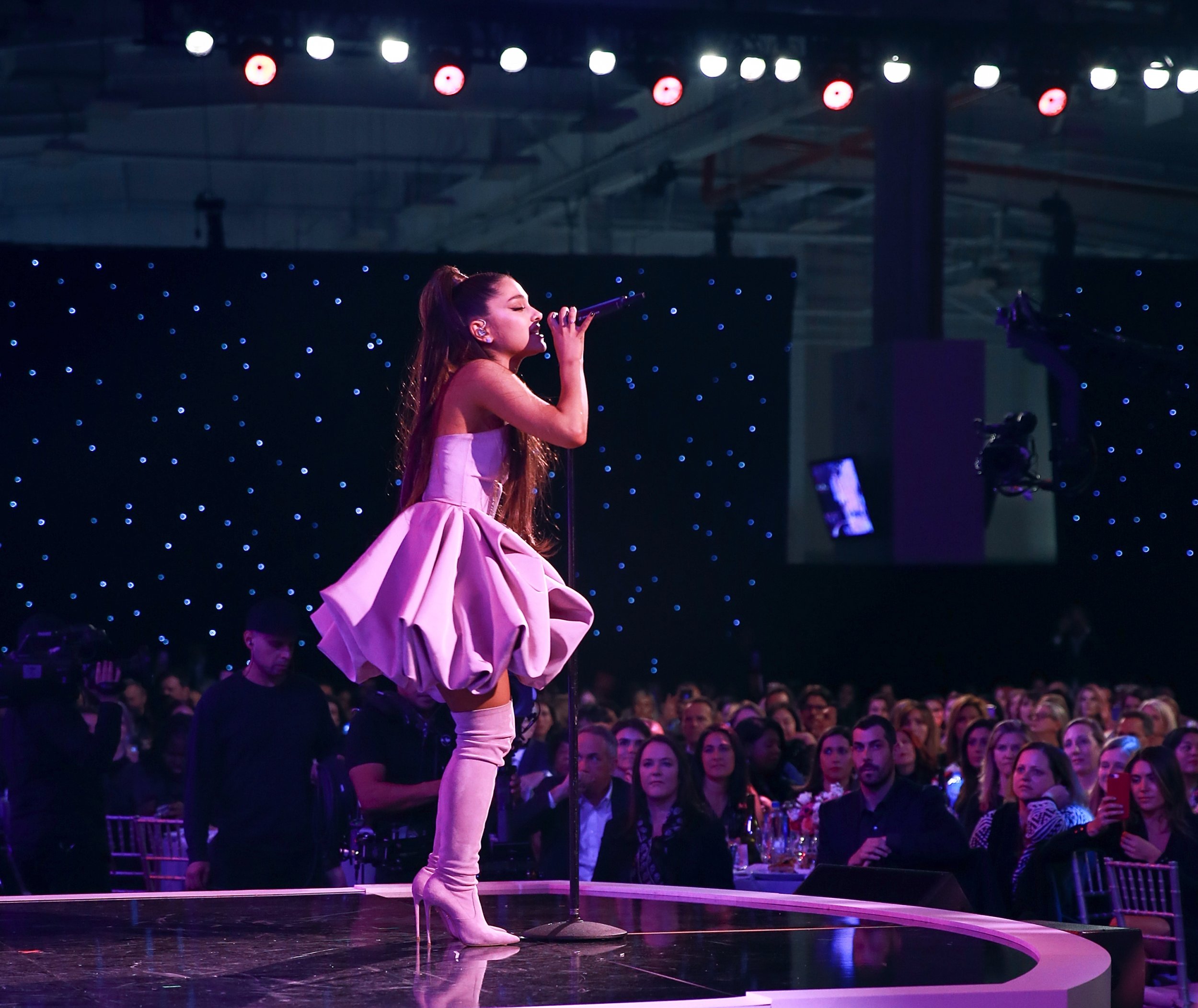 ariana grande on stage purple cloud dress