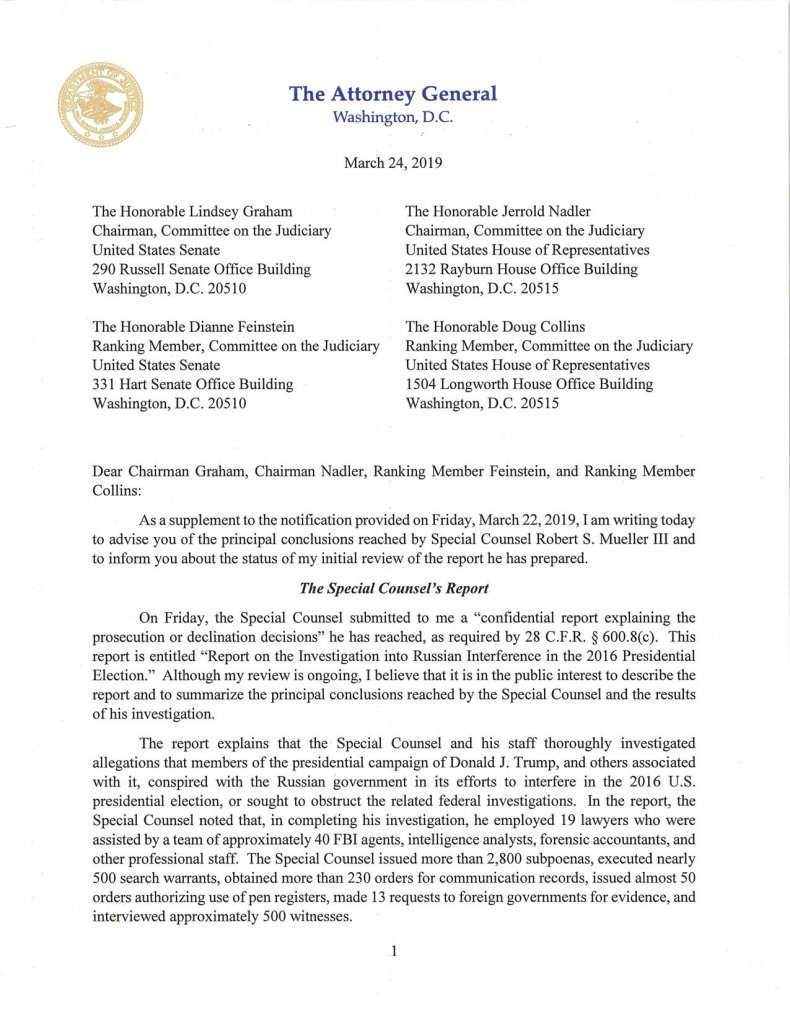 AG March 24 2019 Letter to House and Senate Judiciary Committees