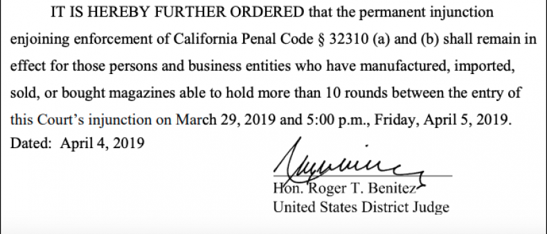 Judge Benitez's Order Staying Lift On Gun Magazine Ban
