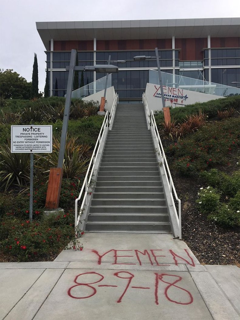 Lockheed Martin Protester Spray-Painted Date of Yemen School Bus Bombing on Weapon Maker’s Corporate Campus Stairs