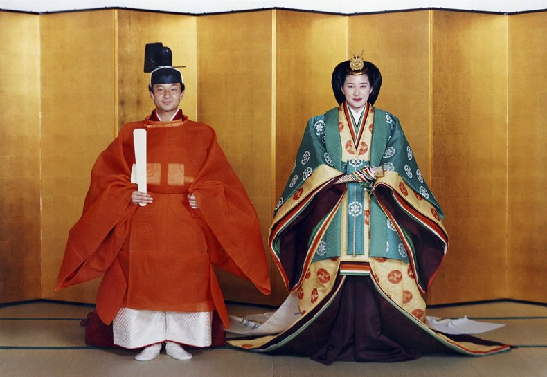  Crown Prince Naruhito of Japan and his future wife Masako Owada pose for photographs in traditional Japanese costume prior to their wedding June 2, 1993 in Tokyo. 