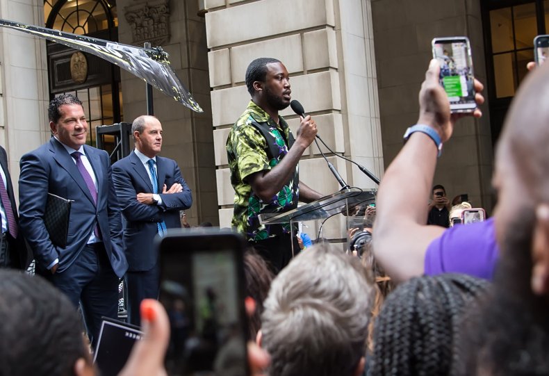 Rapper Meek Mill appears in court and attends #freemeek reform rally on August 27, 2019 in Philadelphia, Pennsylvania