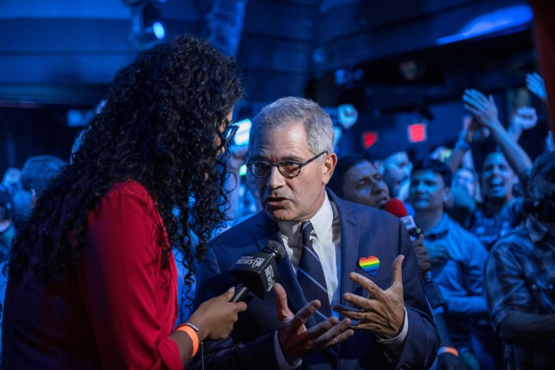 Philadelphia District Attorney Larry Krasner speaks to a reporter at of the election party of public defender Tiffany Caban