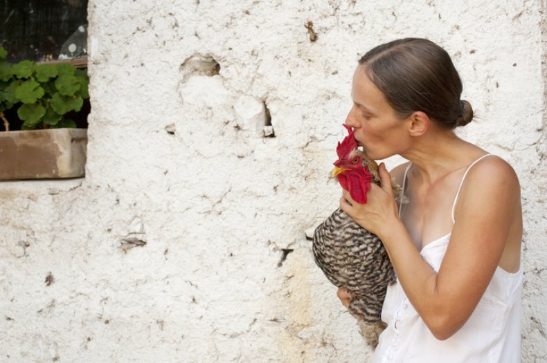 Woman kissing chicken