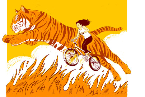 Drawing of a girl in a bike with a tiger