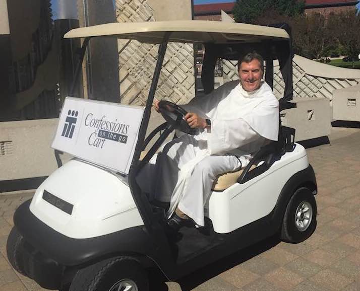 Indiana priest offering confession on a golf cart