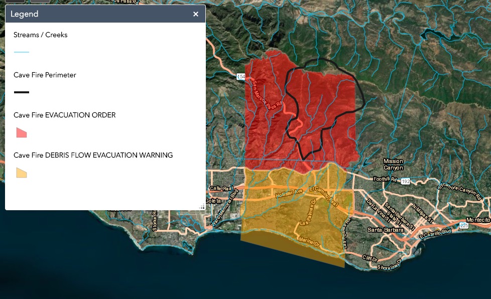 Santa Barbara Fire Update Cave Fire Map Shows Evacuation Area Ahead Of   Cave Fire Evacuation Map Debris Flow 