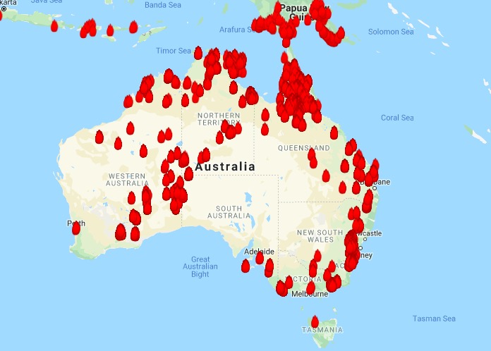Australia fires map vs us
