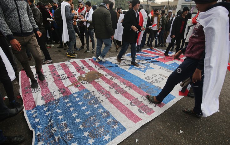 iraque, protesto, nós, israelense, bandeira, militar, presença