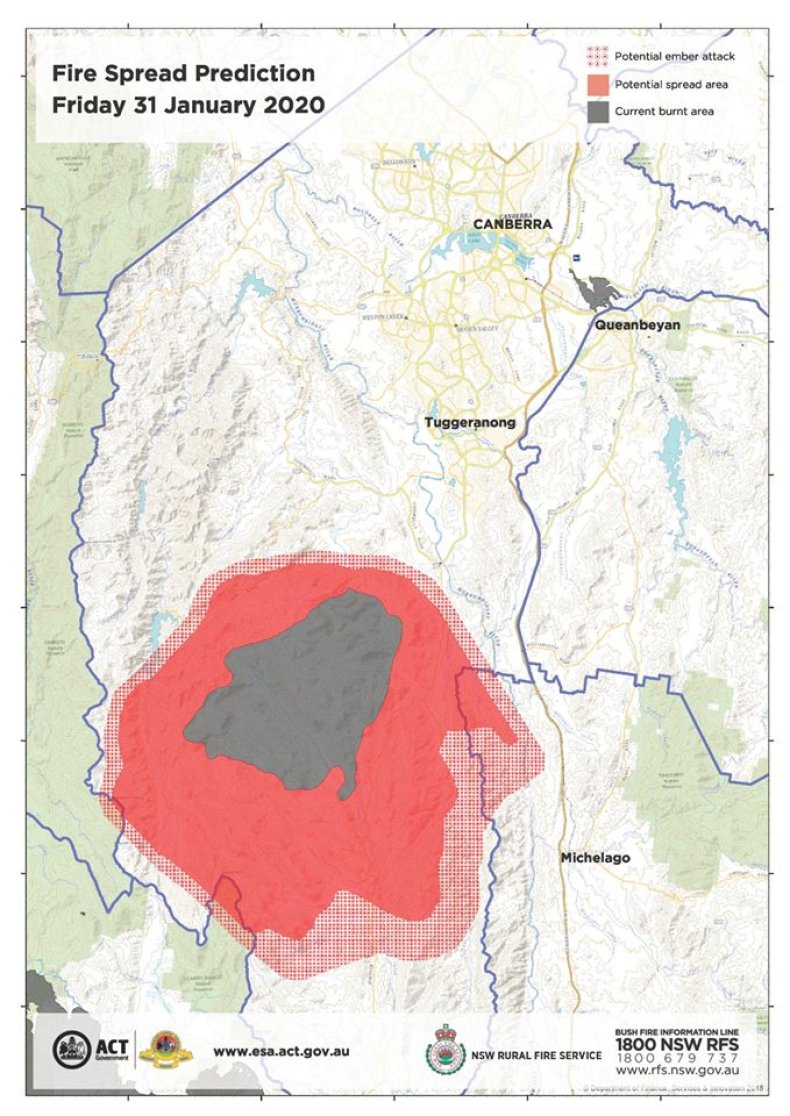 Orroral Valley bushfire spread prediction map