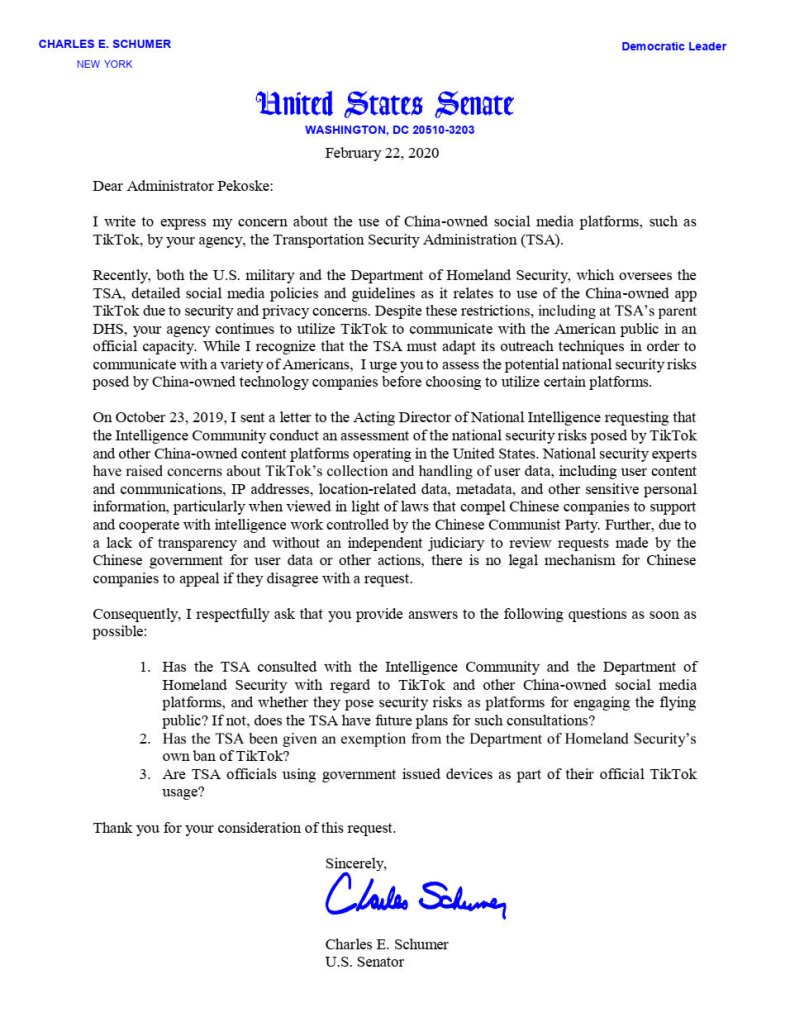 Schumer letter TSA