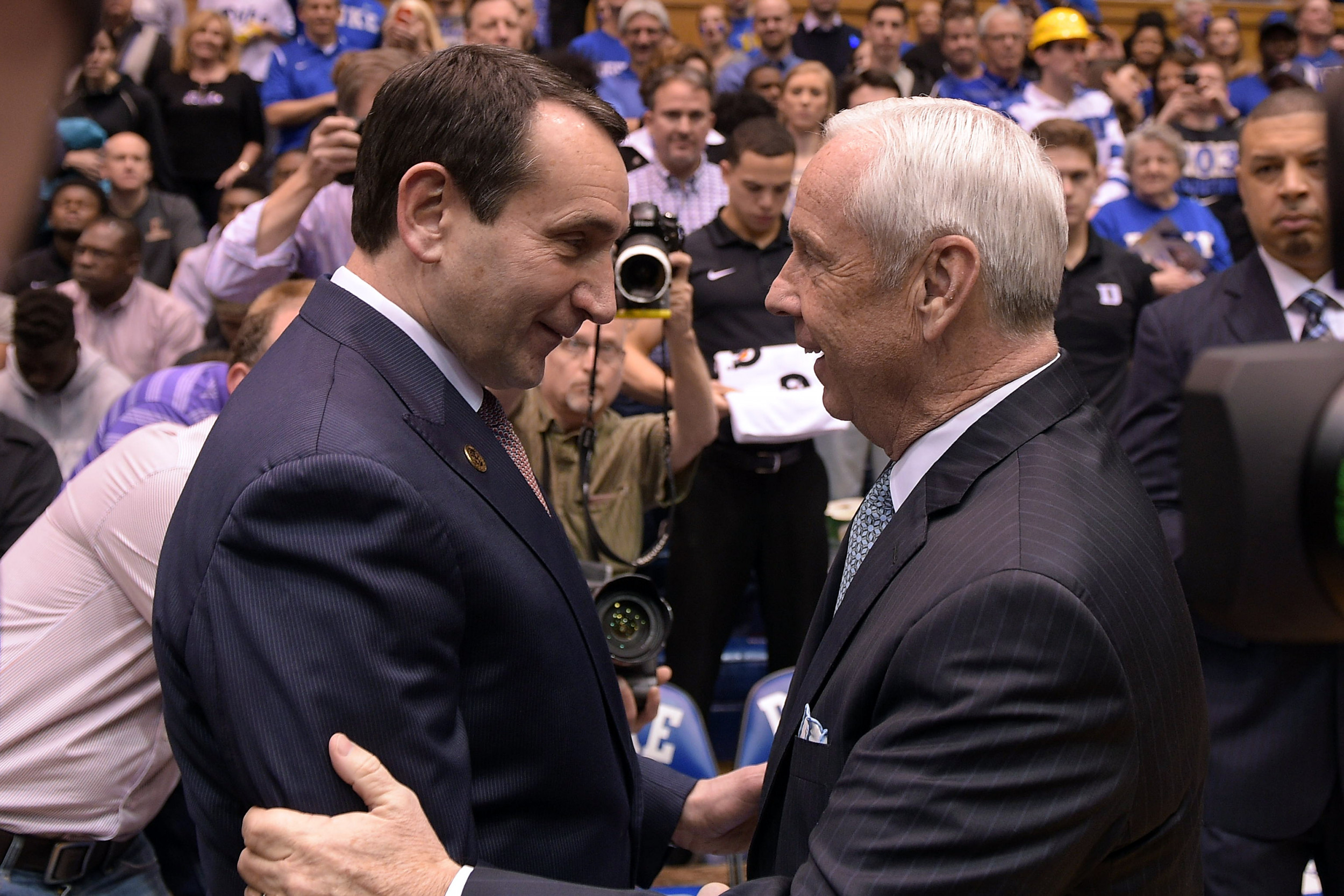 College Basketball Coaches Mike Krzyzewski and Roy Williams Bump Elbows  Amid Coronavirus Concerns