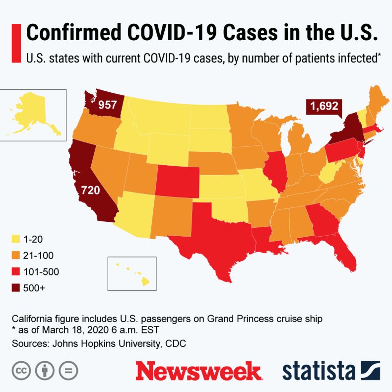 US, COVID-19, coronavirus, US, map, March 18