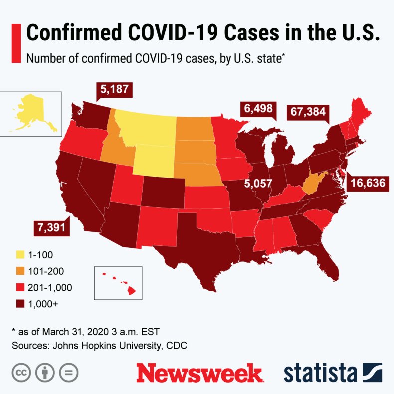 This infographic shows the number of confirmed COVID-19 cases by state.