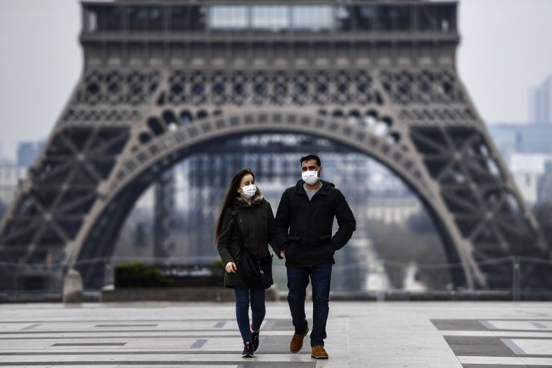 Paris, couple, coronavirus masks, March 2020