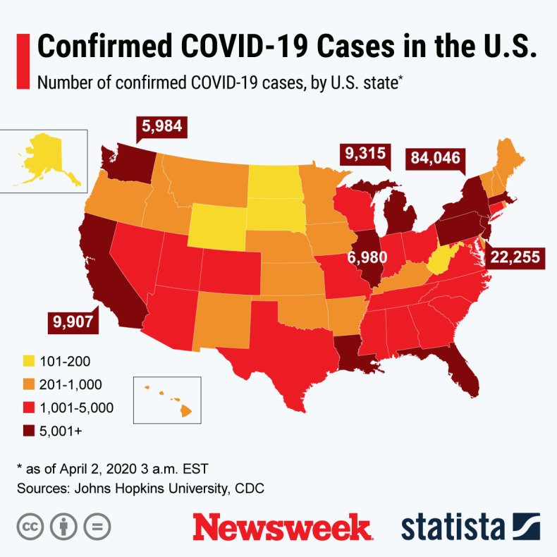 This infographic shows the number of confirmed COVID-19 cases by state. 
