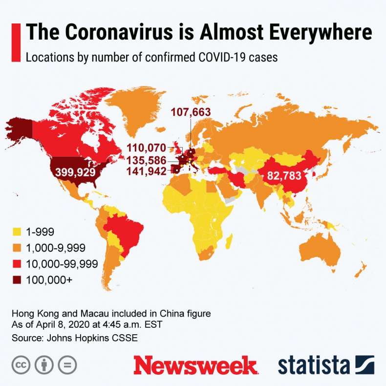 A map showing confirmed COVID-19 cases around the world.