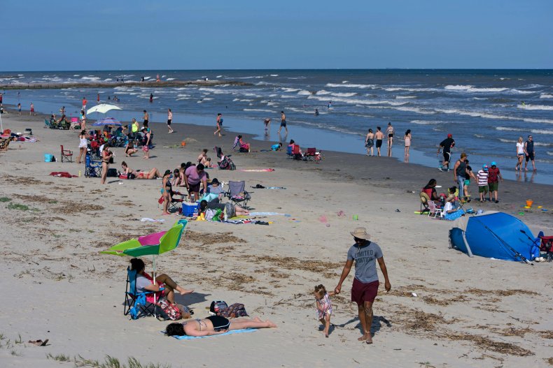 Beachgoers Galveston Beach on May 2, 2020 in Texas
