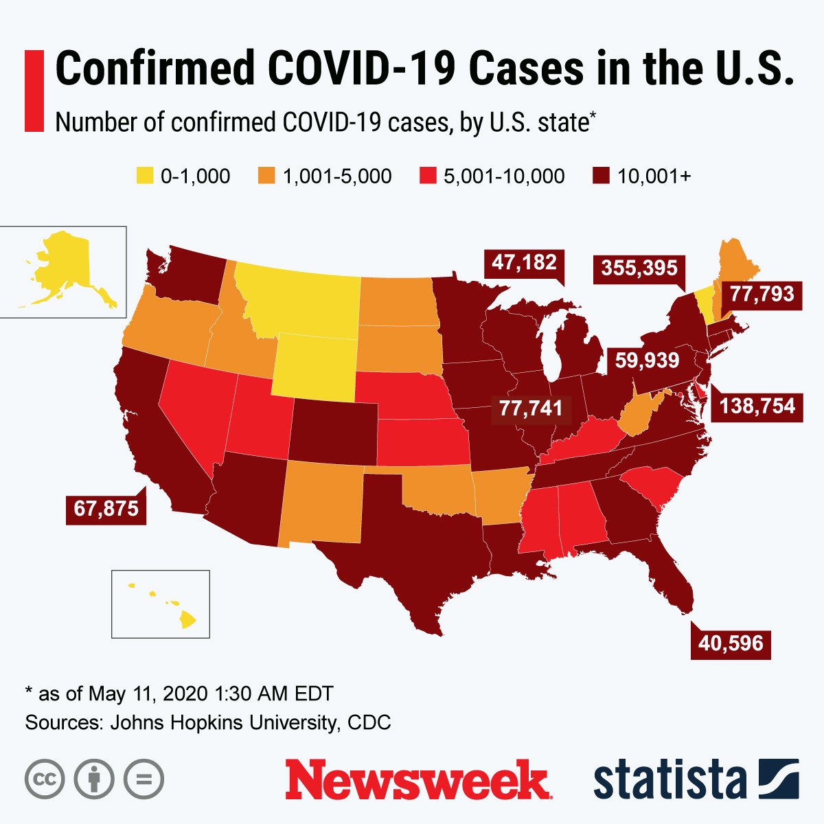 The graphic shows the number of confirmed COVID-19 cases by state.