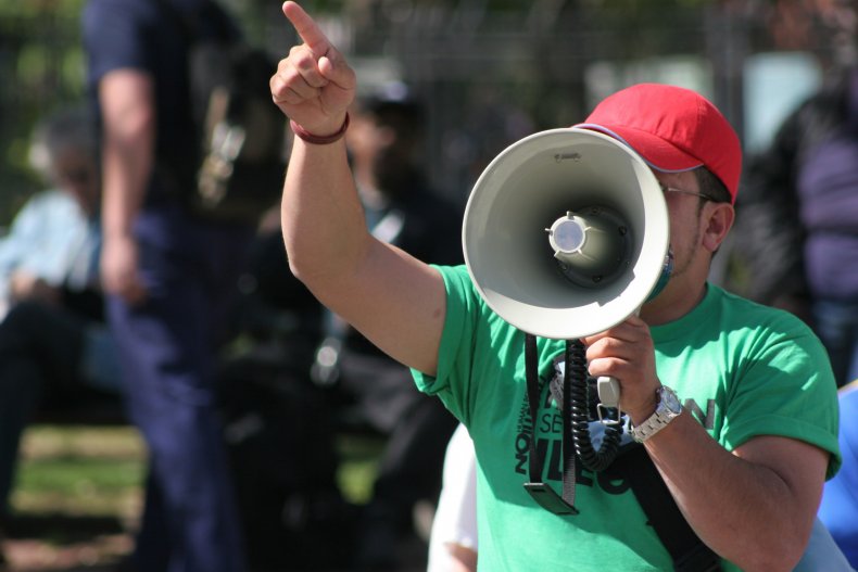 protestor with bullhorn
