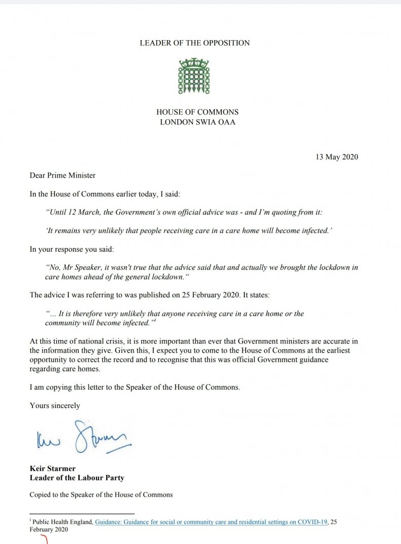 Starmer letter to Boris Johnson