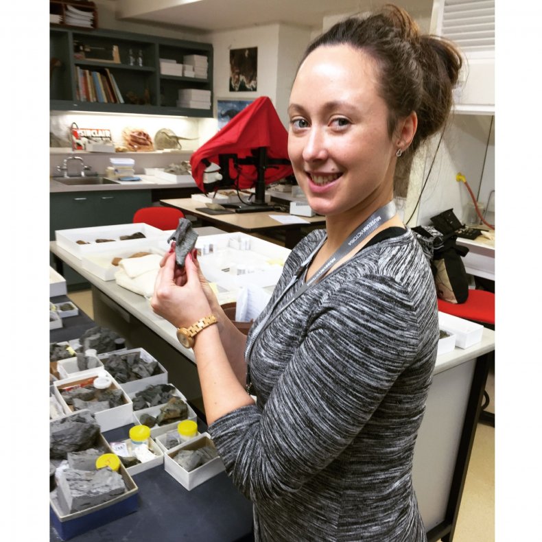 Jessica Parker with the vertebra she found