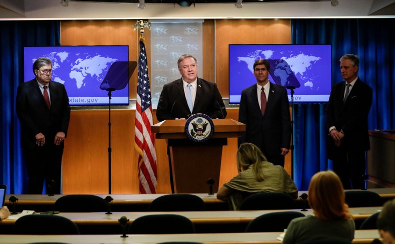 pompeo, barr, esper, o'brien, conference, icc