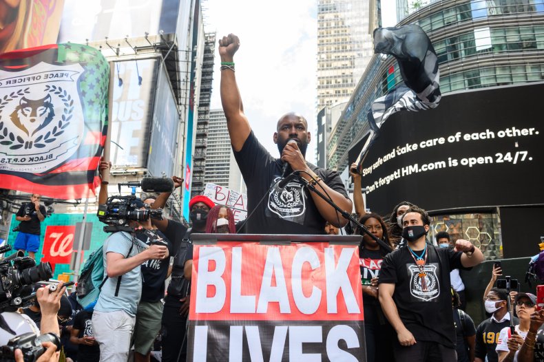 Chairman of Black Lives Matter Greater New York Hawk Newsome speaks at a Black Lives Matter rally in Times Square on June 7, 2020 in New York, New York. 