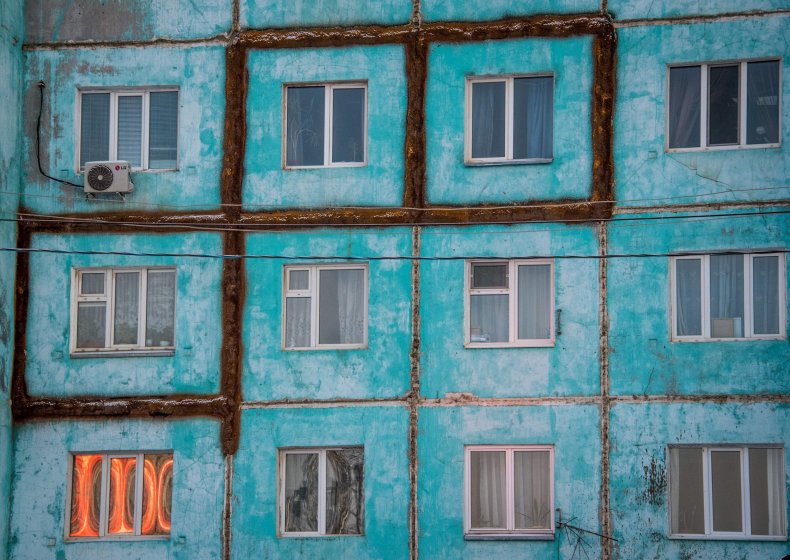 cracked building, permafrost, Yakutsk, Russia