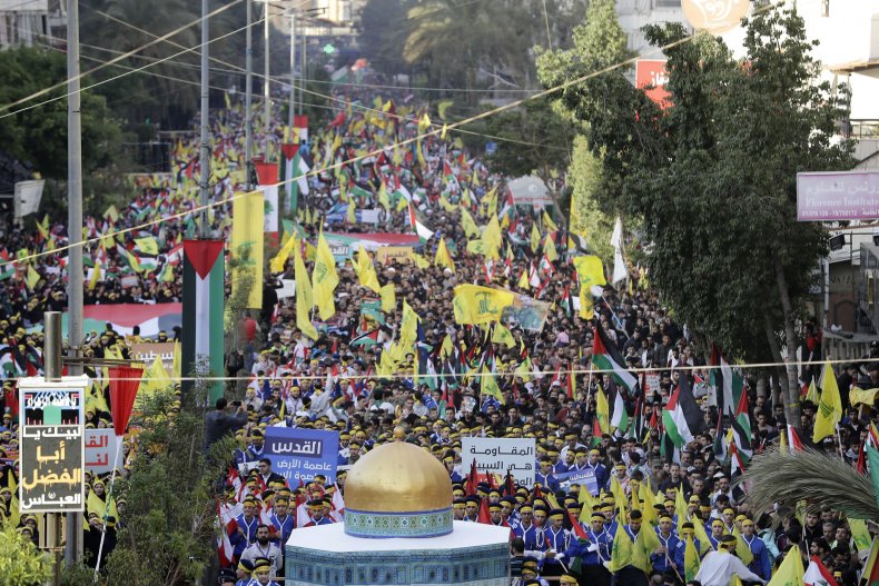 Hezbollah flags waving in Beirut, Lebanon