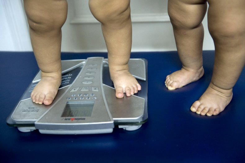 Overweight children on scale