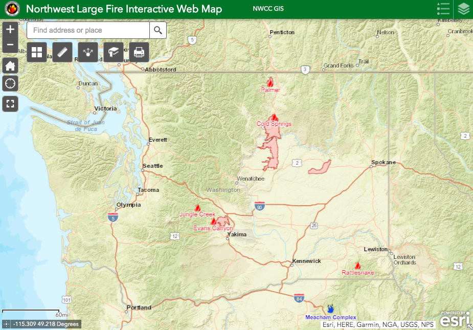 Washington Fire Map, Update for State Route 167, Evans Canyon, Cold ...