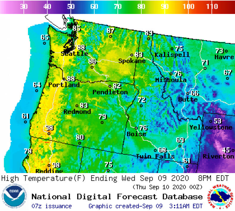 NWS NOAA Oregon Temperature Map Wednesday