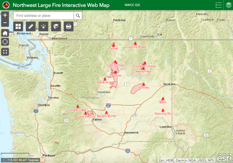 Washington Fire Map, Update on Sumner Grade, Cold Springs, Pearl Hill