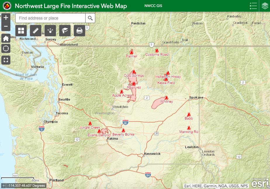 Washington Fire Map, Update on Sumner Grade, Cold Springs, Pearl Hill, Evans Canyon Blazes