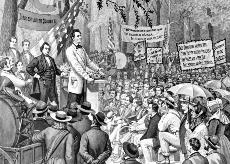 1858: Senatorial debate between Abraham Lincoln and Stephen Douglas
