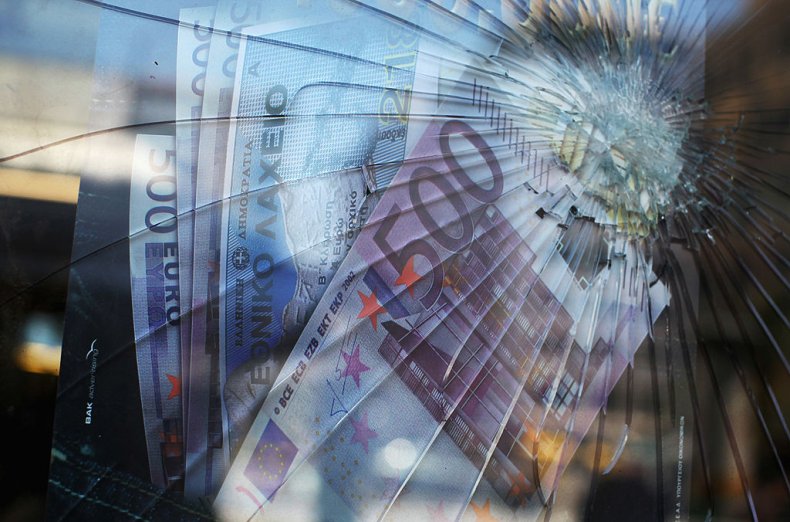 Euros behind broken glass