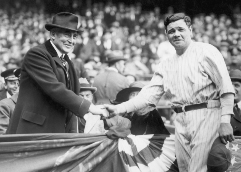 1923: President Harding and Babe Ruth shake hands