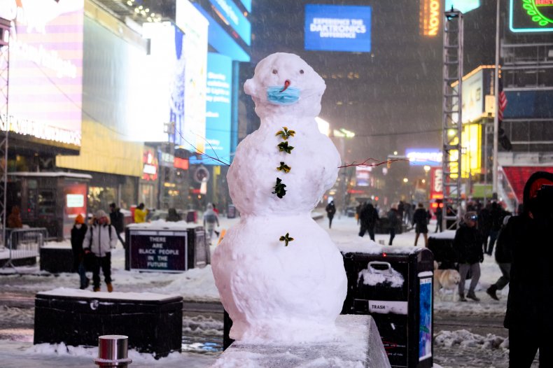 A snowman in Times Square NYC