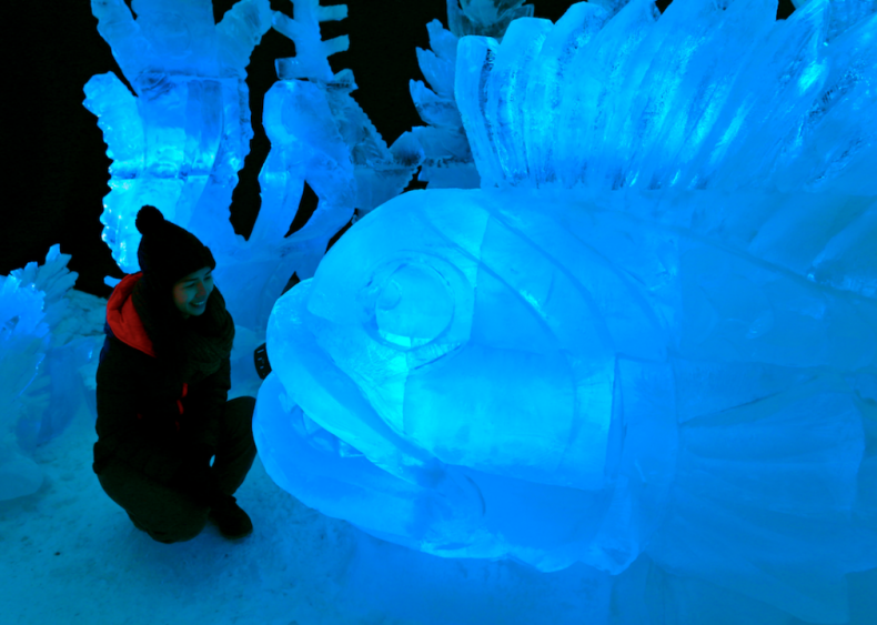 Fish ice sculpture in Pustevny, Czechia