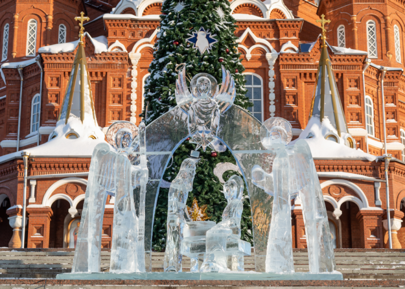 Religious ice sculpture in Izhevsk, Russia