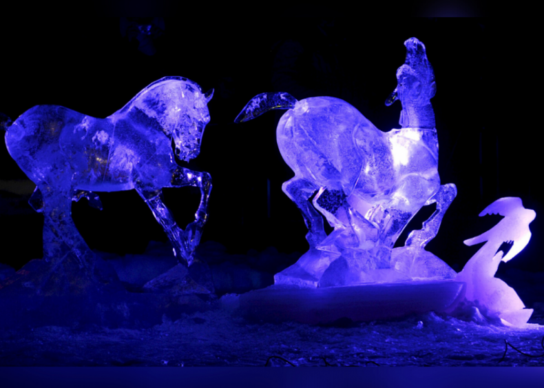 Ice sculpture of wild foals in Helsinki, Finland