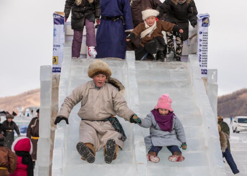 Frozen ice slide in Khuvsgul, Mongolia
