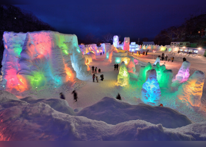 Illuminated snow sculptures in Chitose, Japan